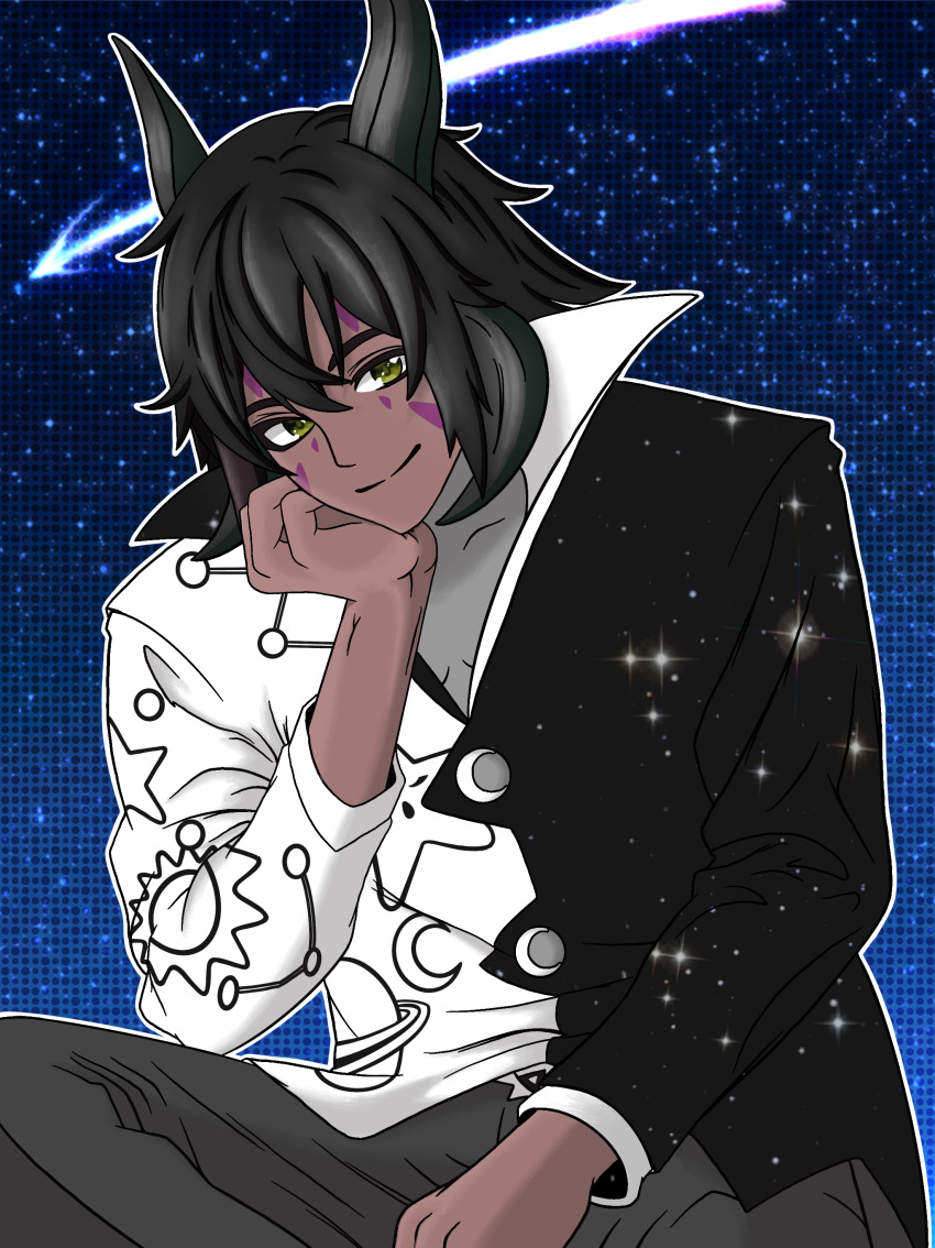1boy, black_hair, chin_rest, constellation_print, crescent_moon_symbol, crossed_legs_(sitting), dark_skin, dragon_boy, dragon_horns, elbow_rest, facial_mark, fawksplays, green_eyes, hazel_eyes, horns, indie_virtual_youtuber, jacket, leg_up, male_focus, multiple_horns, nero_grimmlock, original, saturn_(planet), shooting_star, sitting, smile, solo, sparkle, star_(symbol), sun_(symbol), undershirt, virtual_youtuber