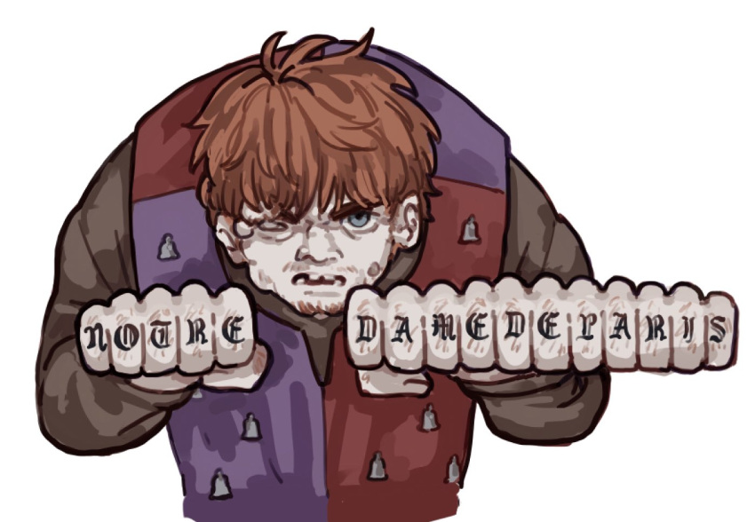 1boy, brown_tunic, clenched_hands, commentary, crooked_teeth, disfigured, extra_digits, finger_tattoo