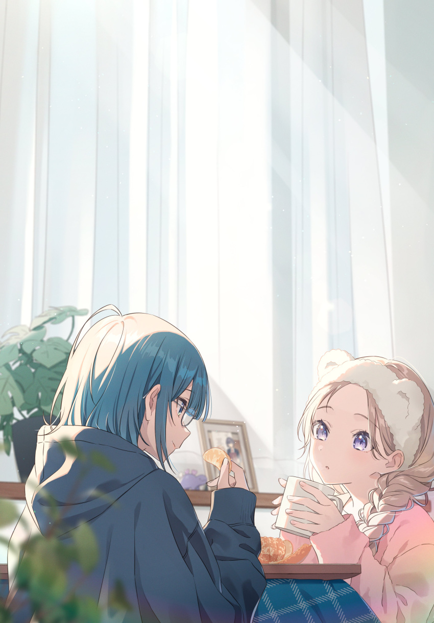 2girls, absurdres, animal_ear_hairband, animal_ears, blonde_hair, blue_hair, braid, comic_yuri_hime
