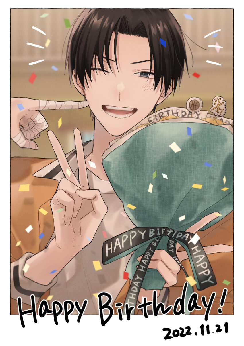 1boy, 2022, arm_up, bandaged_fingers, bandages, black_ribbon, bouquet, brown_hair