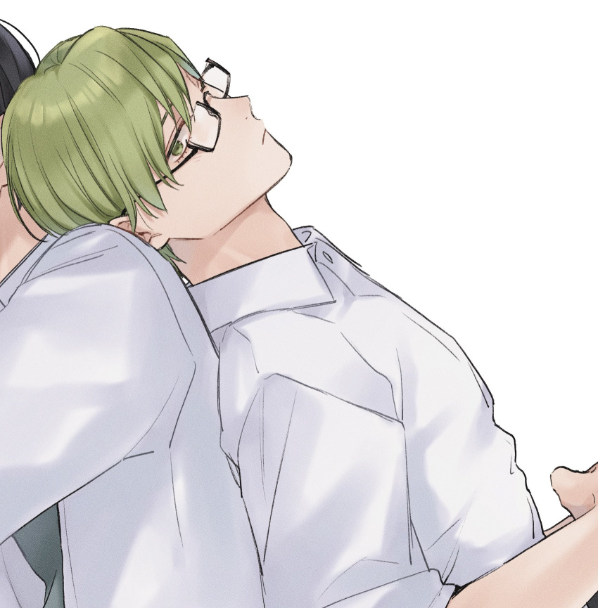 2boys, black-framed_eyewear, black_hair, closed_mouth, collared_shirt, commentary, dress_shirt, glasses