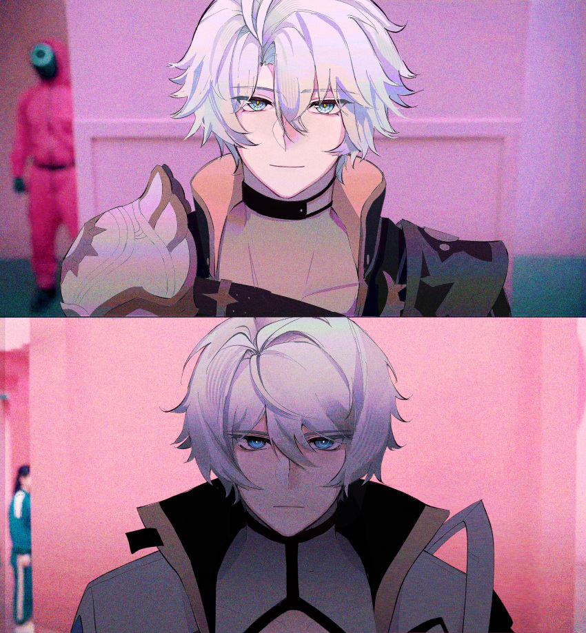 1girl, 1other, 2boys, absurdres, before_and_after, birdsofpasssage, blue_eyes, closed_mouth