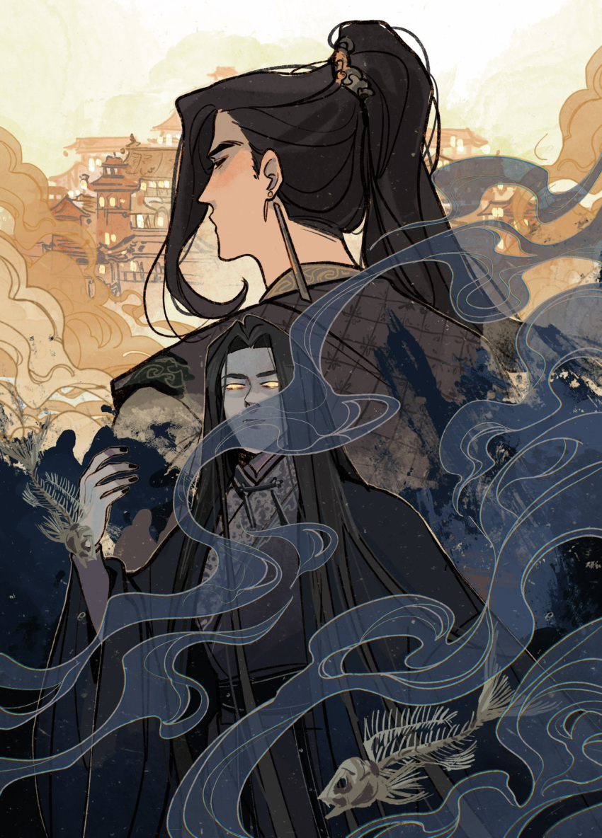 2boys, architecture, black_eyes, black_hair, black_hanfu, black_nails, building, chinese_clothes