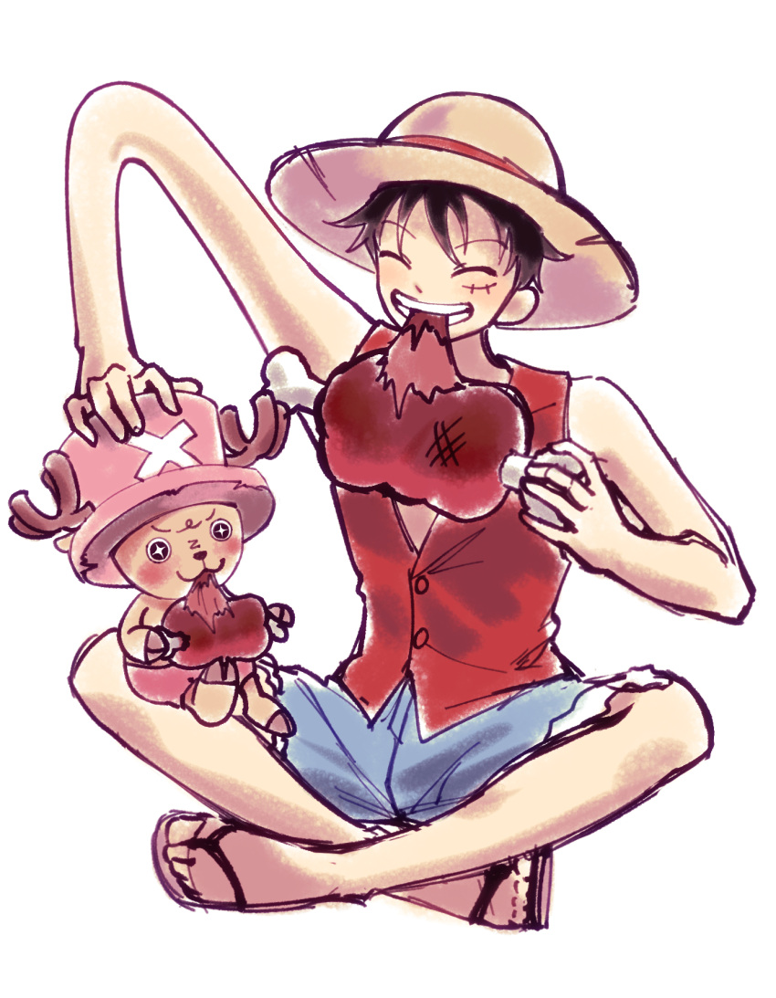 3boys, ^_^, antlers, blush, closed_eyes, commentary_request, cross, crossed_legs, food, hand_on_another's_hat, hat, highres, holding, holding_food, horns, ldh_chuu_u, male_focus, monkey_d._luffy, multiple_boys, one_piece, reindeer_antlers, sandals, scar, scar_on_face, simple_background, sleeveless, straw_hat, tony_tony_chopper, white_background
