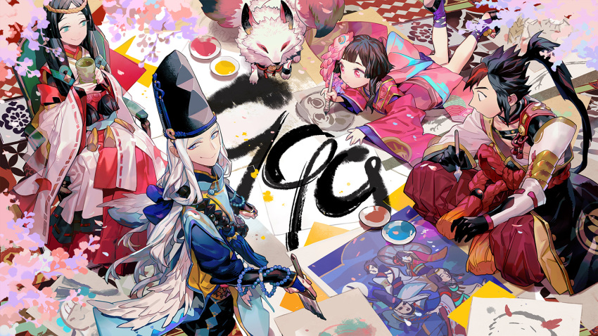 2boys, 2girls, aqua_eyes, armor, beads, bird_wings, black_eyes, black_gloves