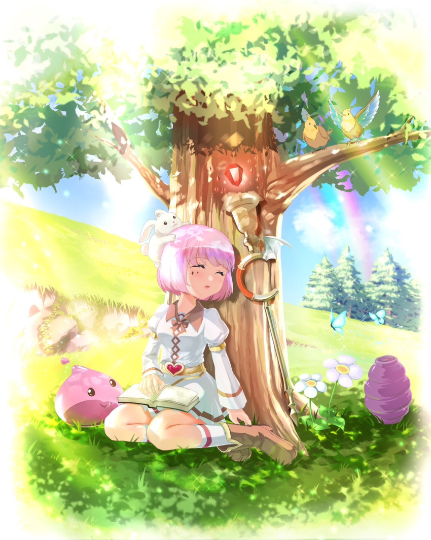 1girl, bird, blue_butterfly, blush, book, bug, butterfly, closed_eyes