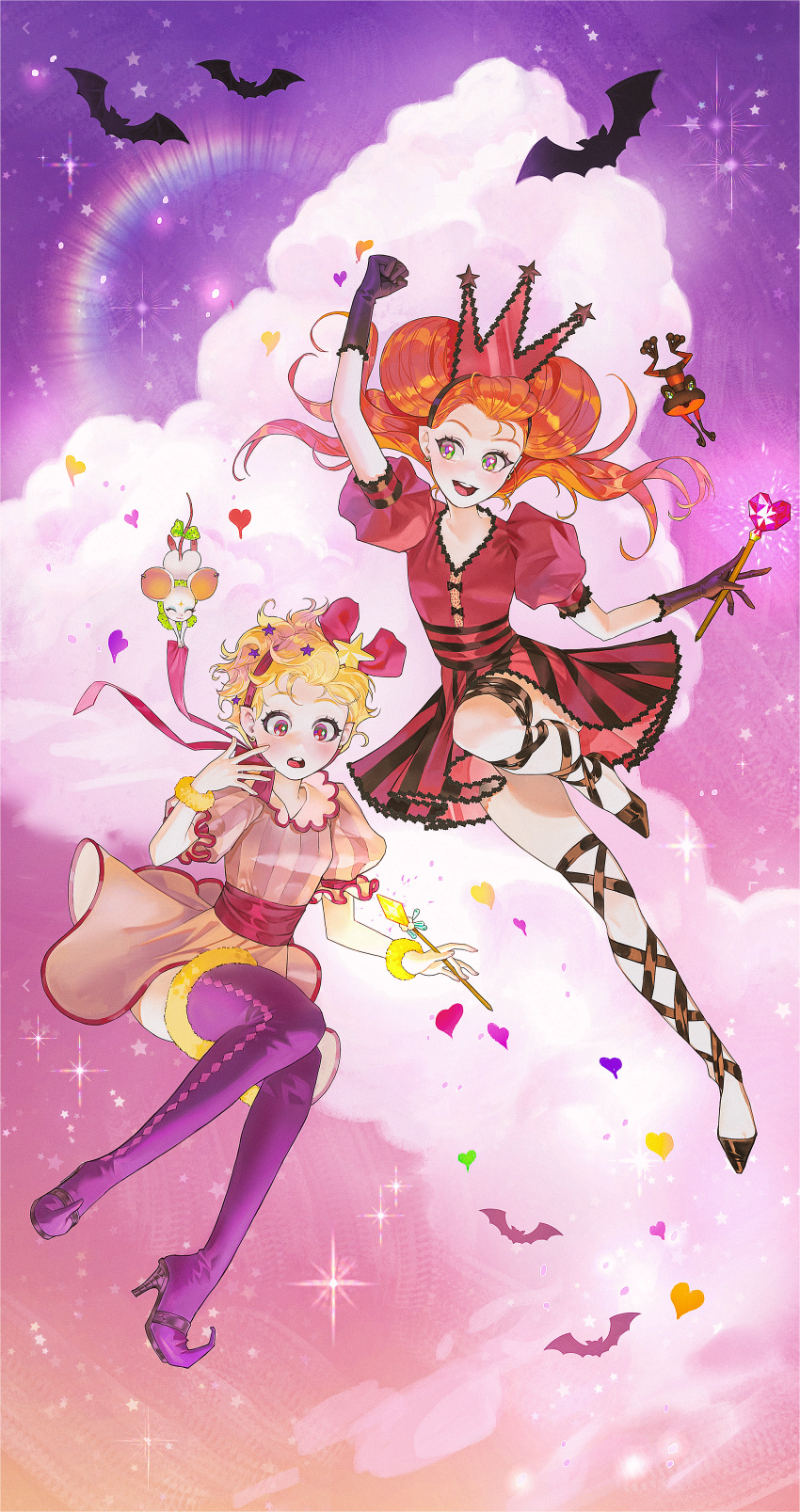 2girls, 88ssgass88, absurdres, arm_up, bat_(animal), black_gloves, blanca_(sugar_sugar_rune), blonde_hair