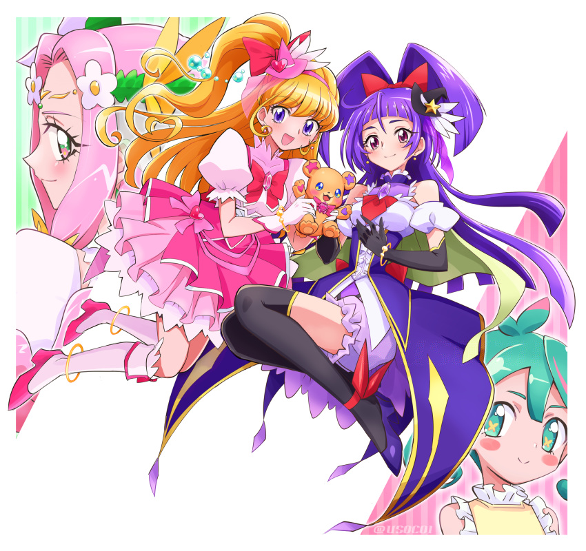 4girls, aqua_eyes, aqua_hair, asahina_mirai, black_gloves, black_hat, black_thighhighs, blonde_hair, blue_eyes, blush, bow, bowtie, brooch, butterfly-shaped_pupils, closed_mouth, cure_felice, cure_magical, cure_miracle, detached_sleeves, doll, earrings, elbow_gloves, fairy, flower, flower-shaped_pupils, gloves, green_eyes, hair_bow, hair_flower, hair_ornament, hairband, hanami_kotoha, hat, high_heels, highres, hisui_(precure), holding, holding_doll, izayoi_liko, jewelry, kneehighs, long_hair, magical_girl, mahou_girls_precure!, mahou_girls_precure!!_~mirai_days~, medium_hair, mini_hat, mini_witch_hat, mofurun_(mahou_girls_precure!), multicolored_hair, multiple_girls, one_side_up, open_mouth, pink_bow, pink_bowtie, pink_eyes, pink_footwear, pink_hair, pink_hairband, pink_hat, precure, puffy_detached_sleeves, puffy_short_sleeves, puffy_sleeves, purple_footwear, purple_hair, purple_shorts, red_bow, red_bowtie, shirt, short_sleeves, shorts, smile, socks, star-shaped_pupils, star_(symbol), stuffed_animal, stuffed_toy, symbol-shaped_pupils, teddy_bear, thigh-highs, twintails, twitter_username, two-tone_dress, two-tone_hair, usoco, violet_eyes, white_gloves, white_socks, witch_hat, yellow_shirt