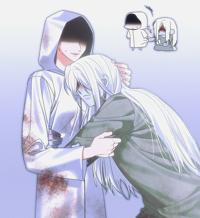 1boy, 1girl, alternate_color, blood, blood_on_clothes, blood_on_face, faceless, faceless_female