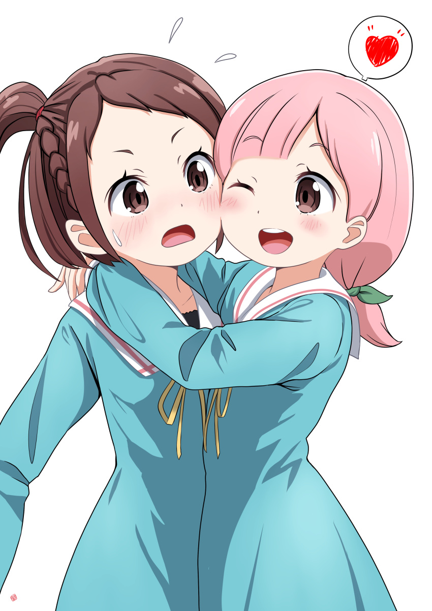 2girls, absurdres, blush, braid, brown_eyes, brown_hair, granbelm, highres