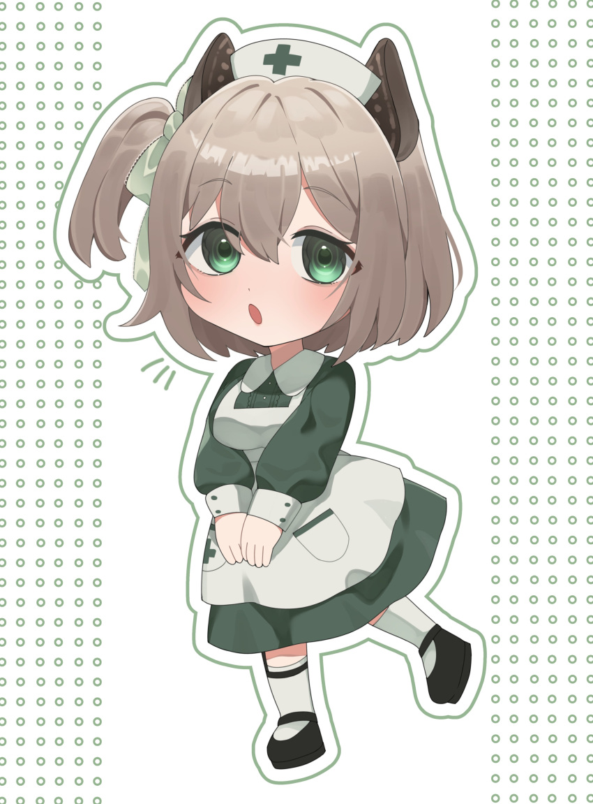 1girl, absurdres, animal_ears, apron, breasts, brown_hair, chibi, circle, collared_dress, dress, green_dress, green_eyes, hair_between_eyes, hat, highres, indie_virtual_youtuber, large_breasts, long_sleeves, looking_at_viewer, maid_apron, medium_hair, meowao, nimi_nightmare, nurse_cap, one_side_up, open_mouth, puffy_long_sleeves, puffy_sleeves, simple_background, solo, tapir_ears, tapir_girl, v_arms, virtual_youtuber, white_apron, white_background, white_hat