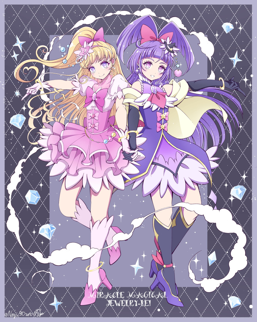 2girls, absurdres, anklet, argyle_background, asahina_mirai, black_background, black_gloves, black_hat, black_socks, blonde_hair, border, bow, bracelet, closed_mouth, cure_magical, cure_miracle, dress, elbow_gloves, eyelashes, flat_chest, floating_hair, full_body, gloves, grin, hair_bow, hairband, hat, high_heels, high_ponytail, highres, holding_hands, index_finger_raised, izayoi_liko, jewelry, kneehighs, layered_dress, long_hair, looking_at_viewer, mahou_girls_precure!, mini_hat, multiple_girls, outstretched_arm, pink_bow, pink_dress, pink_eyes, pink_footwear, pink_gloves, pink_hairband, pink_hat, pink_socks, precure, puffy_short_sleeves, puffy_sleeves, pumps, purple_border, purple_dress, purple_footwear, purple_hair, red_bow, satowa_(circuit), shoes, short_sleeves, smile, socks, standing, standing_on_one_leg, teeth, two_side_up, violet_eyes, witch_hat
