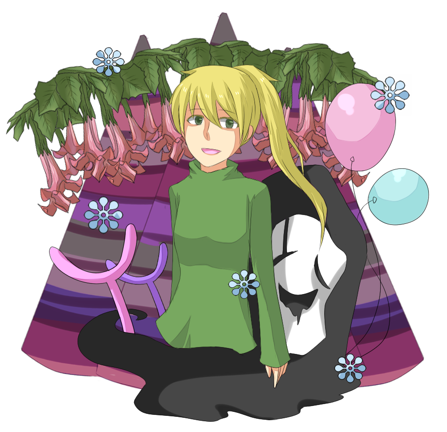 bad_id, balloon, ballpen, blonde_hair, green_eyes, poniko, smile, sweater