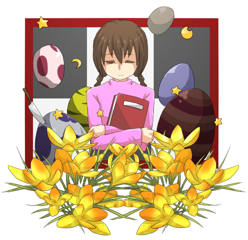 bad_id, ballpen, blood, brown_hair, closed_eyes, diary, egg, eyes_closed