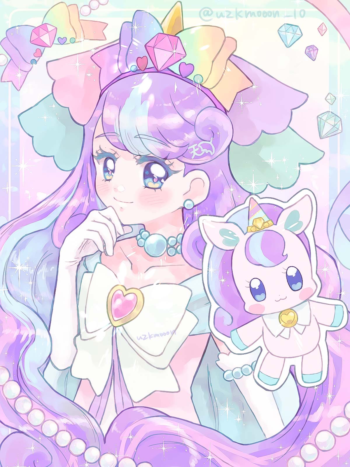 aqua_background, blue_eyes, blue_hair, bow, brooch, closed_mouth, collarbone, colored_inner_hair