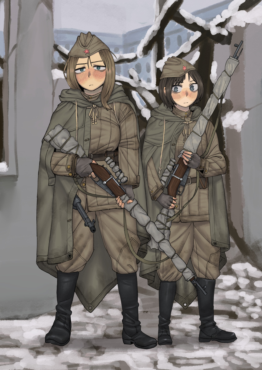 2girls, absurdres, black_hair, blonde_hair, blue_eyes, blush, bolt_action, boots