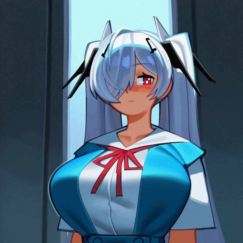 1girl, ayanami_rei, ayanami_rei_(cosplay), breasts, cinderella_(nikke), cosplay, goddess_of_victory:_nikke, hair_over_one_eye, hiita_(hitta_99), large_breasts, long_hair, neon_genesis_evangelion, red_eyes, school_uniform, shiny_eyes, solo, tokyo-3_middle_school_uniform, twintails, upper_body, very_long_hair, white_hair