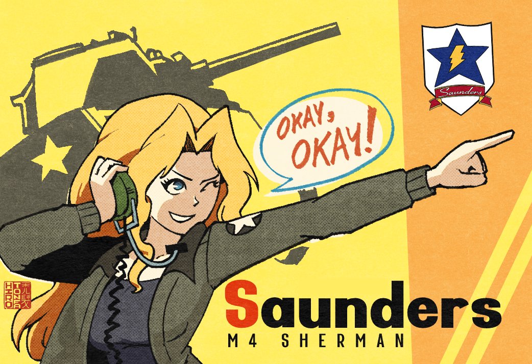 1girl, black_undershirt, blonde_hair, blue_eyes, brown_jacket, emblem, girls_und_panzer, hirotonfa