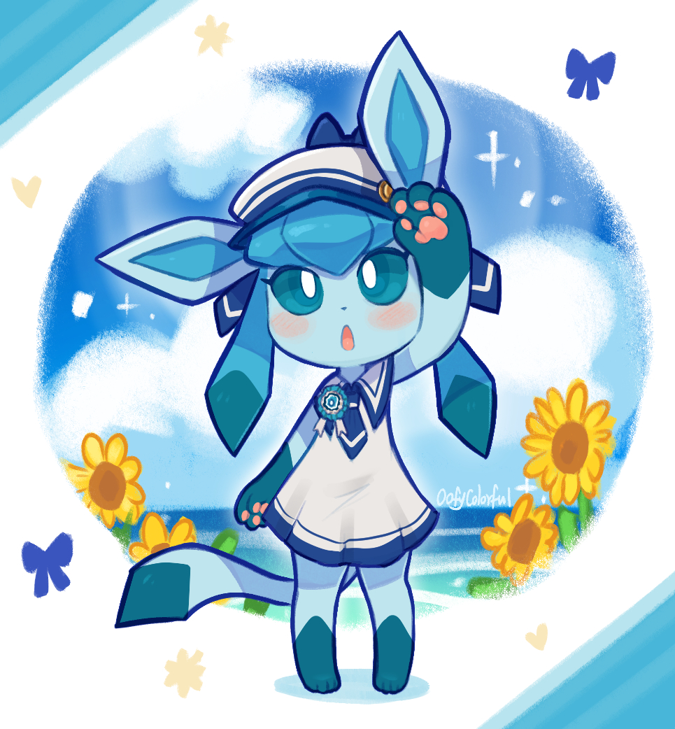 1girl, :o, animal_hands, badge, blue_eyes, blue_fur, blue_necktie, dress, flower, full_body, furry, furry_female, glaceon, glaceon_(summer_sailor), hat, looking_at_viewer, necktie, oofycolorful, outdoors, pawpads, personification, pokemon, pokemon_(creature), pokemon_cafe_remix, sailor_collar, sidelocks, solo, standing, sunflower, white_dress, white_hat