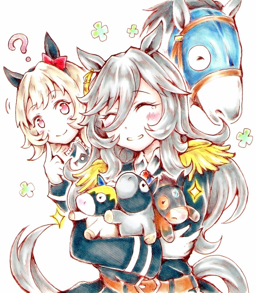 2girls, ?, alternate_hair_color, animal_ears, annotated, black_coat, black_hairband, blonde_hair