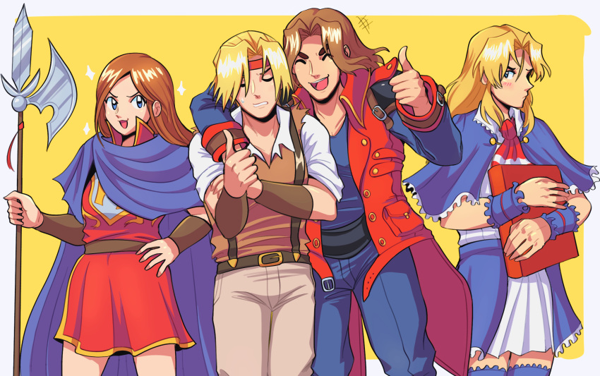 1girl, 3boys, ascot, blonde_hair, blue_cape, blue_capelet, blue_eyes, blue_pants, blush, book, brown_hair, brown_pants, cape, capelet, castlevania:_bloodlines, castlevania:_portrait_of_ruin, castlevania_(series), charlotte_aulin, charlotte_aulin_(cosplay), closed_eyes, cosplay, costume_switch, eric_lecarde, eric_lecarde_(cosplay), halberd, highres, holding, holding_book, holding_polearm, holding_weapon, john_morris_(castlevania), john_morris_(castlevania)_(cosplay), jonathan_morris, jonathan_morris_(cosplay), long_hair, multiple_boys, pants, peegeray, polearm, red_ascot, shirt, simple_background, skirt, smile, sparkle, sweatdrop, thumbs_up, vest, weapon, white_shirt, yellow_background