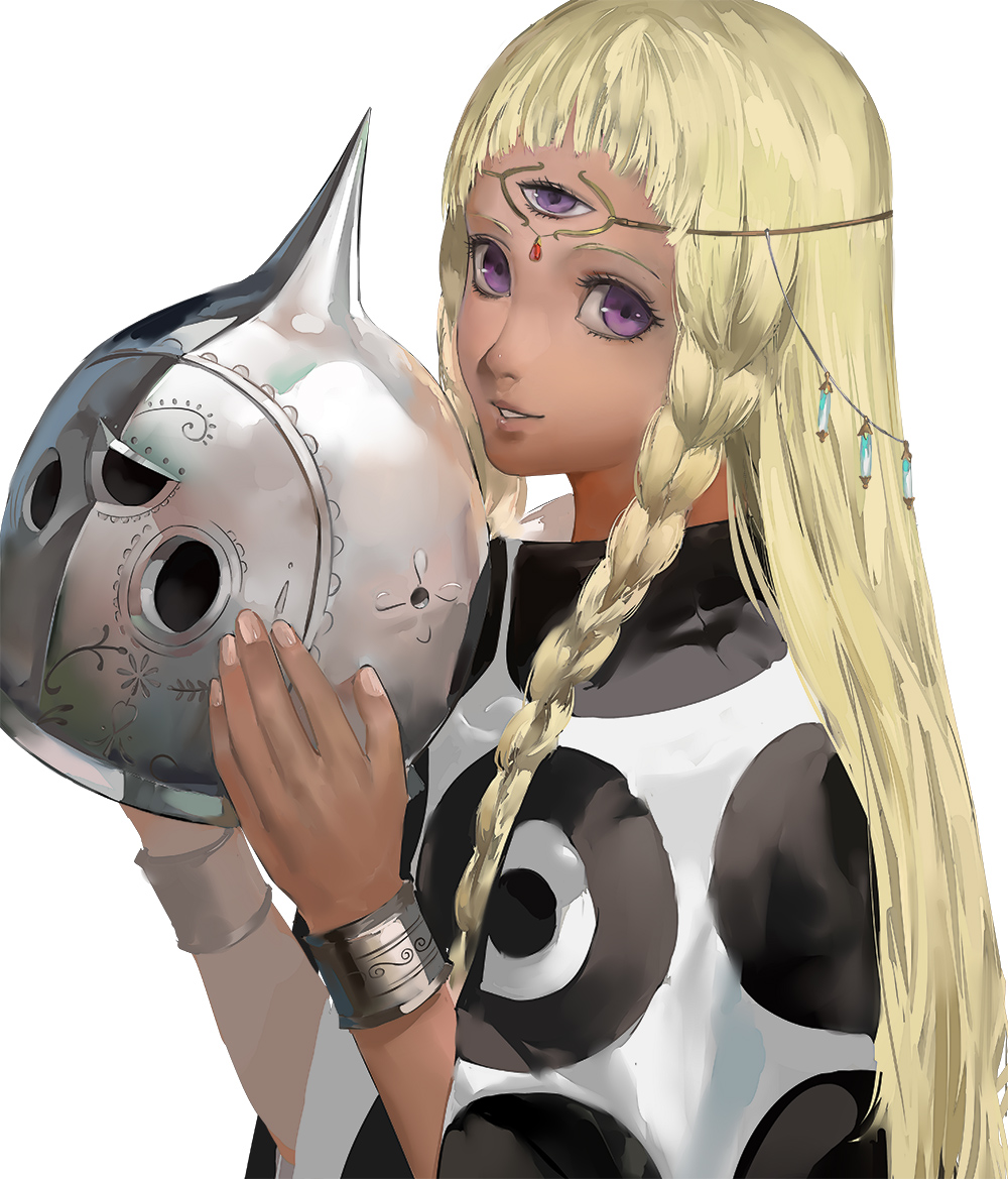 1girl, arched_bangs, atlus, blazpu, blonde_hair, braid, collared_cloak, dark-skinned_female