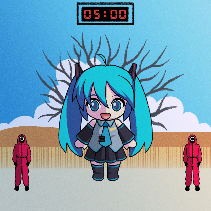 1girl, 2boys, ahoge, bare_tree, black_footwear, black_skirt, blue_necktie, blue_sky