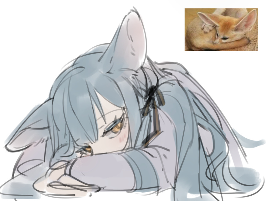 1girl, animal_ears, bang_dream!, bang_dream!_it's_mygo!!!!!, black_ribbon, blue_hair, chinese_commentary, colored_eyelashes