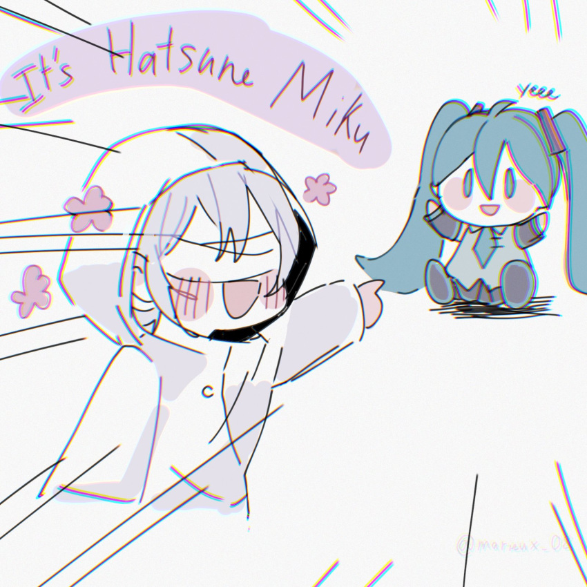 1girl, bandages, bandages_over_eyes, character_doll, english_commentary, english_text, grey_hair, happy_aura, hatsune_miku, heroine_(homicipher), highres, homicipher, marieux_08, pointing, raincoat, short_hair, simple_background, solo, vocaloid, white_background