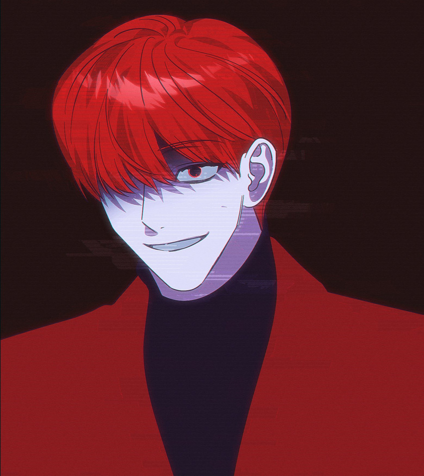 1boy, coat, commentary_request, dilated_pupils, grin, hair_over_one_eye, highres, homicipher