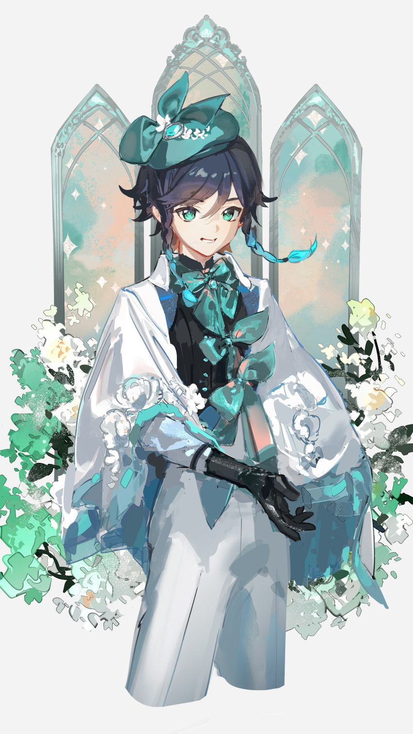 1boy, absurdres, aqua_hair, beret, black_hair, black_shirt, bow, bowtie