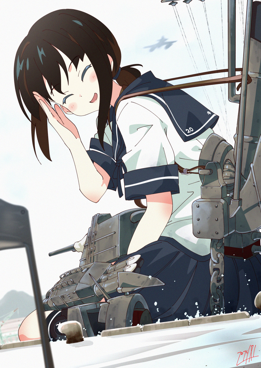 1girl, absurdres, black_socks, blue_sailor_collar, blue_skirt, blush, brown_hair, closed_eyes