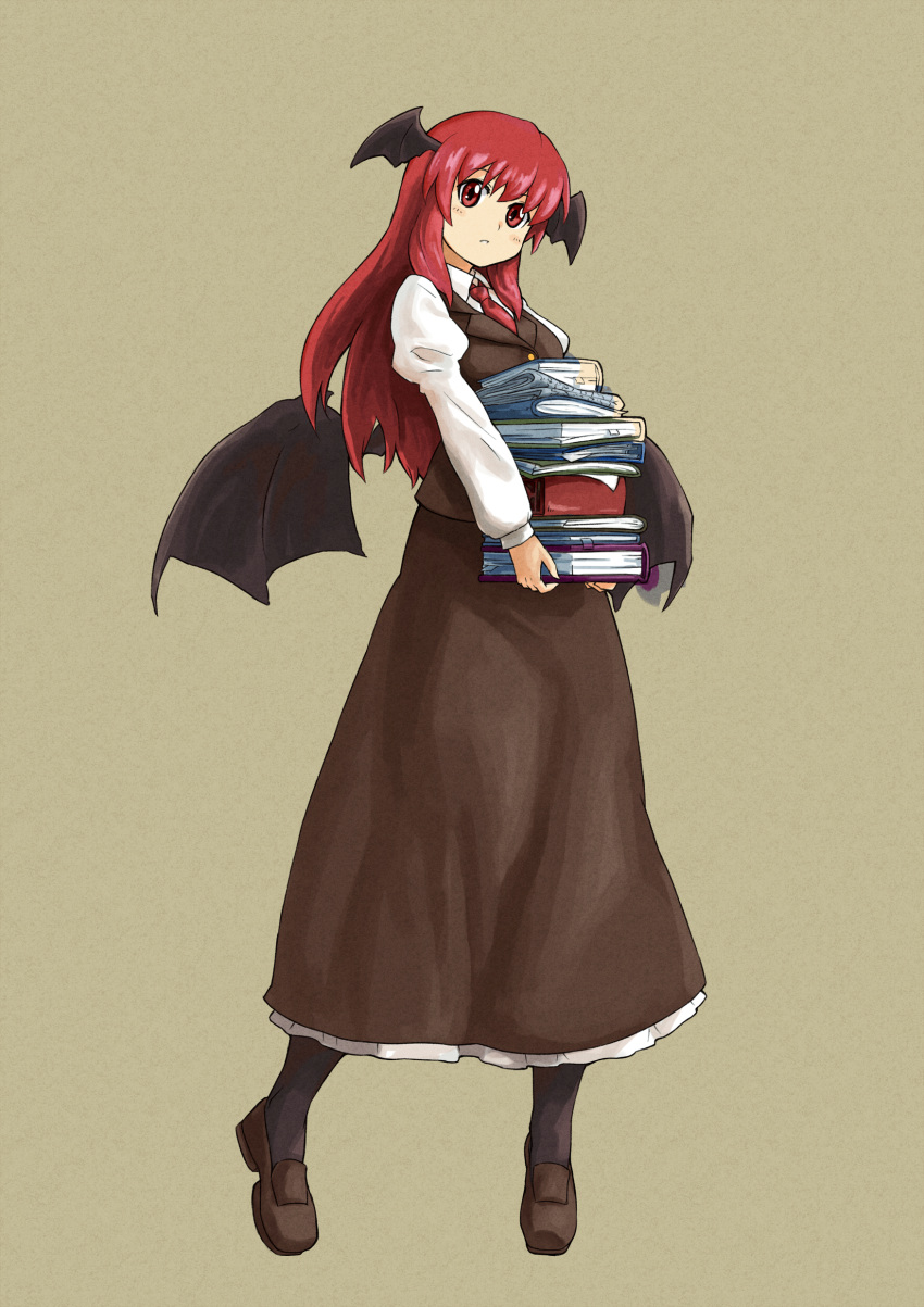 absurdres, bat_wings, book, head_wings, highres, koakuma, long_hair, pantyhose