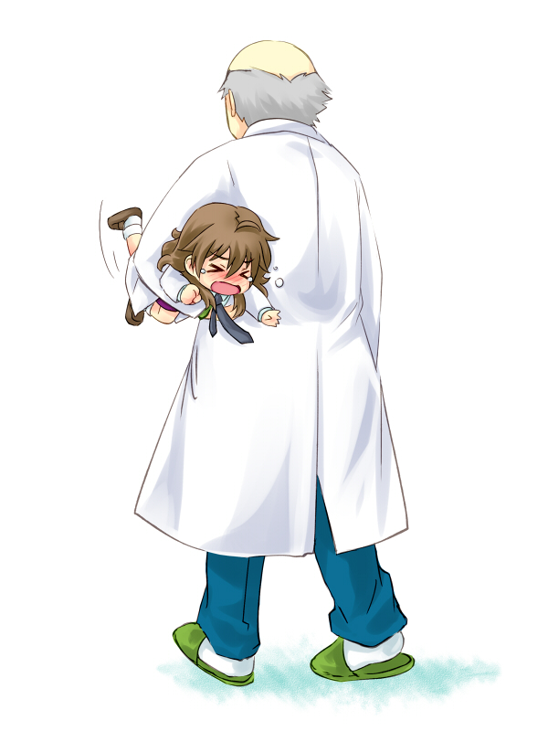 arm_around_waist, brown_hair, carrying, carrying_under_arm, chibi, closed_eyes, commentary, eyes_closed