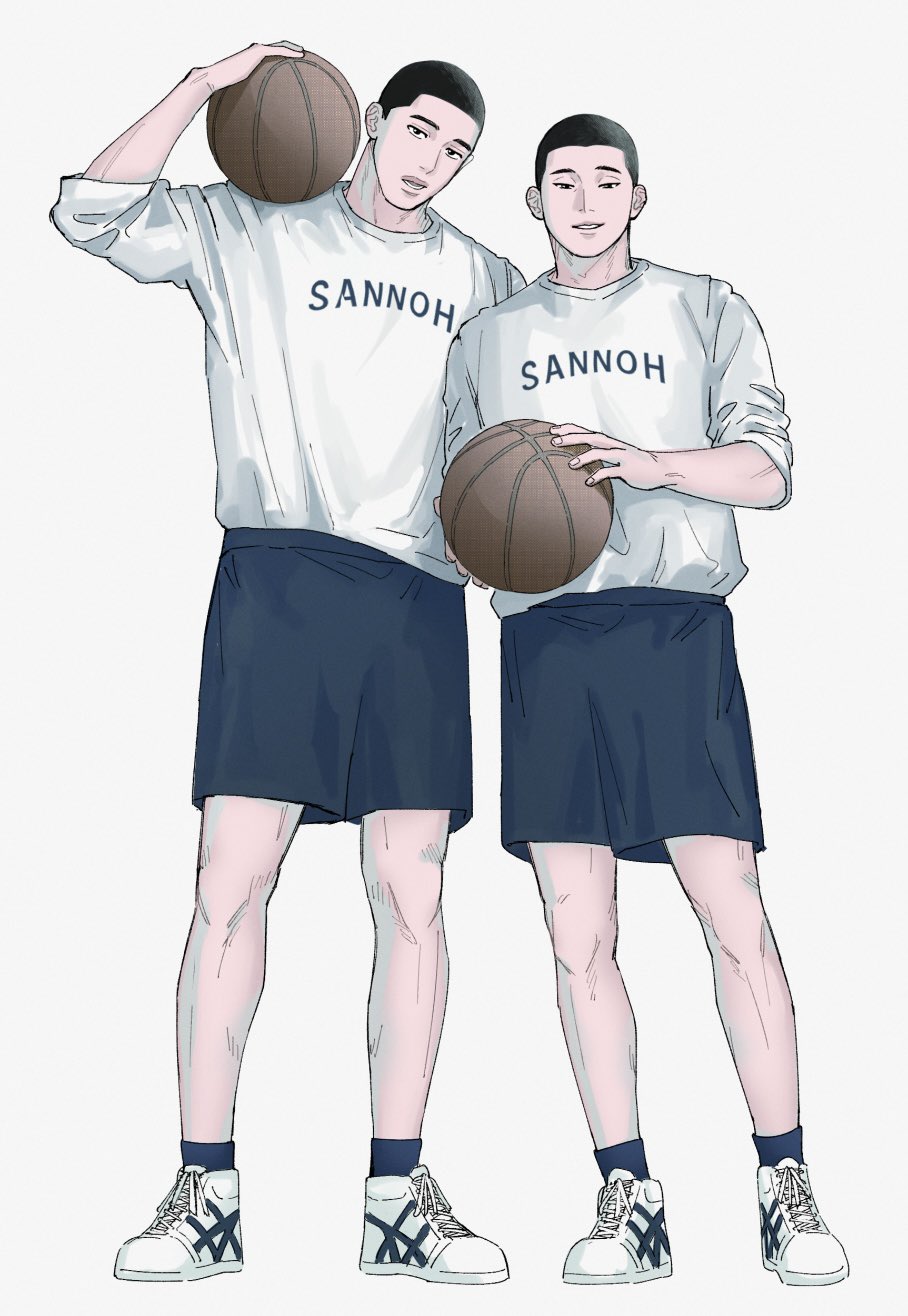 2boys, ball, basketball_(object), black_hair, black_shorts, buzz_cut, carrying_over_shoulder, fukatsu_kazunari