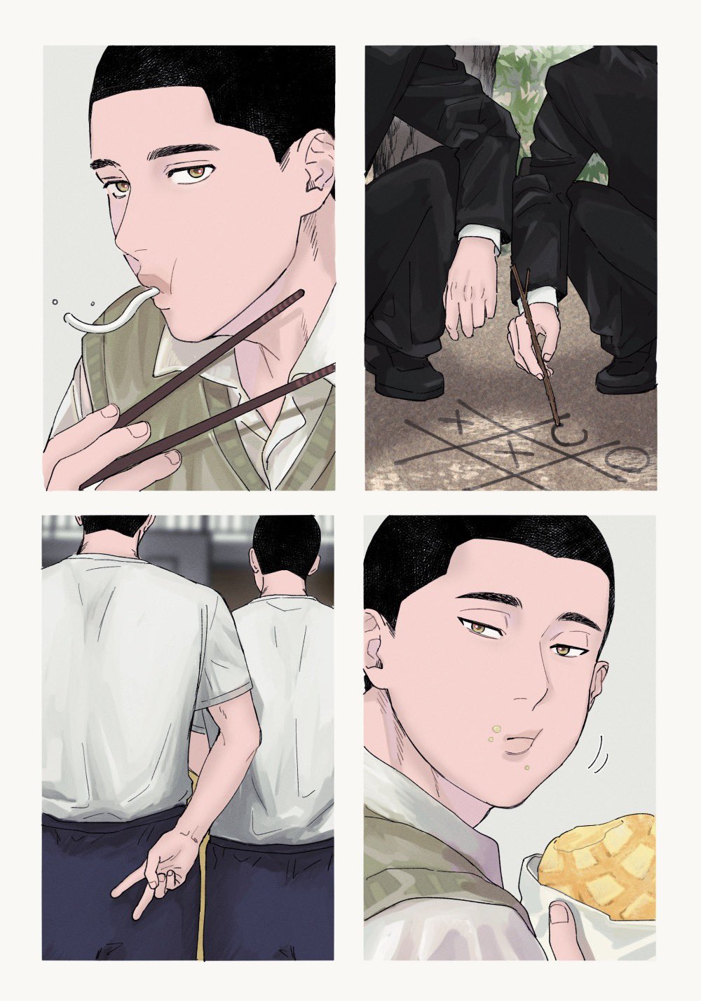 2boys, bag, black_footwear, black_hair, black_jacket, black_pants, buzz_cut, chopsticks