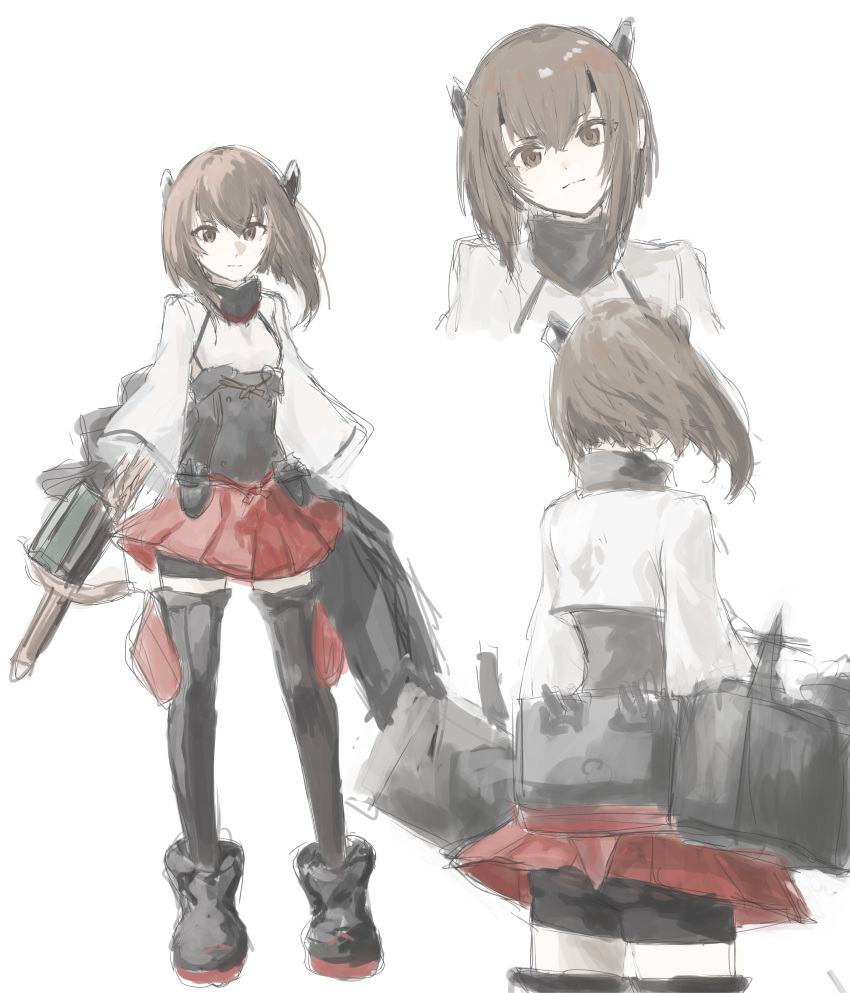 1girl, absurdres, black_socks, breasts, brown_hair, from_behind, full_body, grey_footwear, headgear, highres, kantai_collection, kneehighs, medium_hair, miniskirt, mu_rar_um, multiple_views, pleated_skirt, red_skirt, simple_background, skirt, small_breasts, socks, taihou_(kancolle), white_background