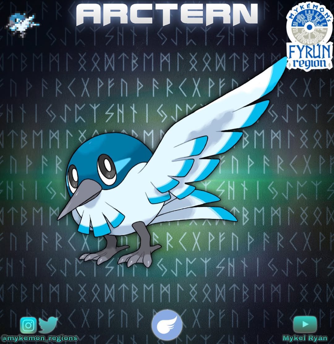 artist_name, bird, black_eyes, blue_bird, bright_pupils, english_text, fakemon, instagram_logo, instagram_username, mykel_ryan, no_humans, original, pokemon, pokemon_(creature), solo, twitter_logo, twitter_username, white_pupils, youtube_logo, youtube_username
