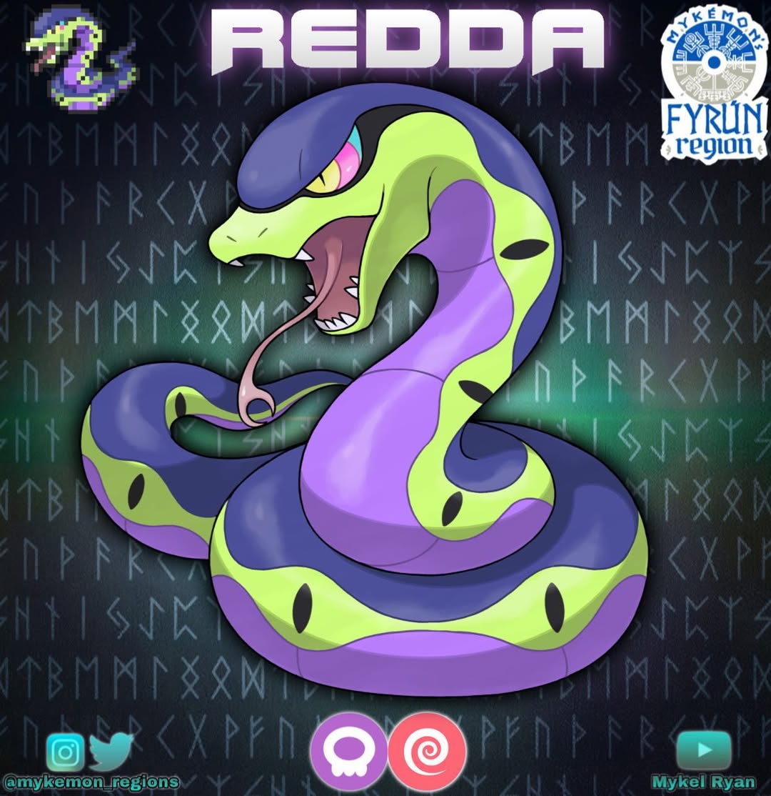 artist_name, english_text, fakemon, instagram_logo, instagram_username, mykel_ryan, no_humans, open_mouth, original, pokemon, pokemon_(creature), snake, solo, tongue, tongue_out, youtube_logo, youtube_username