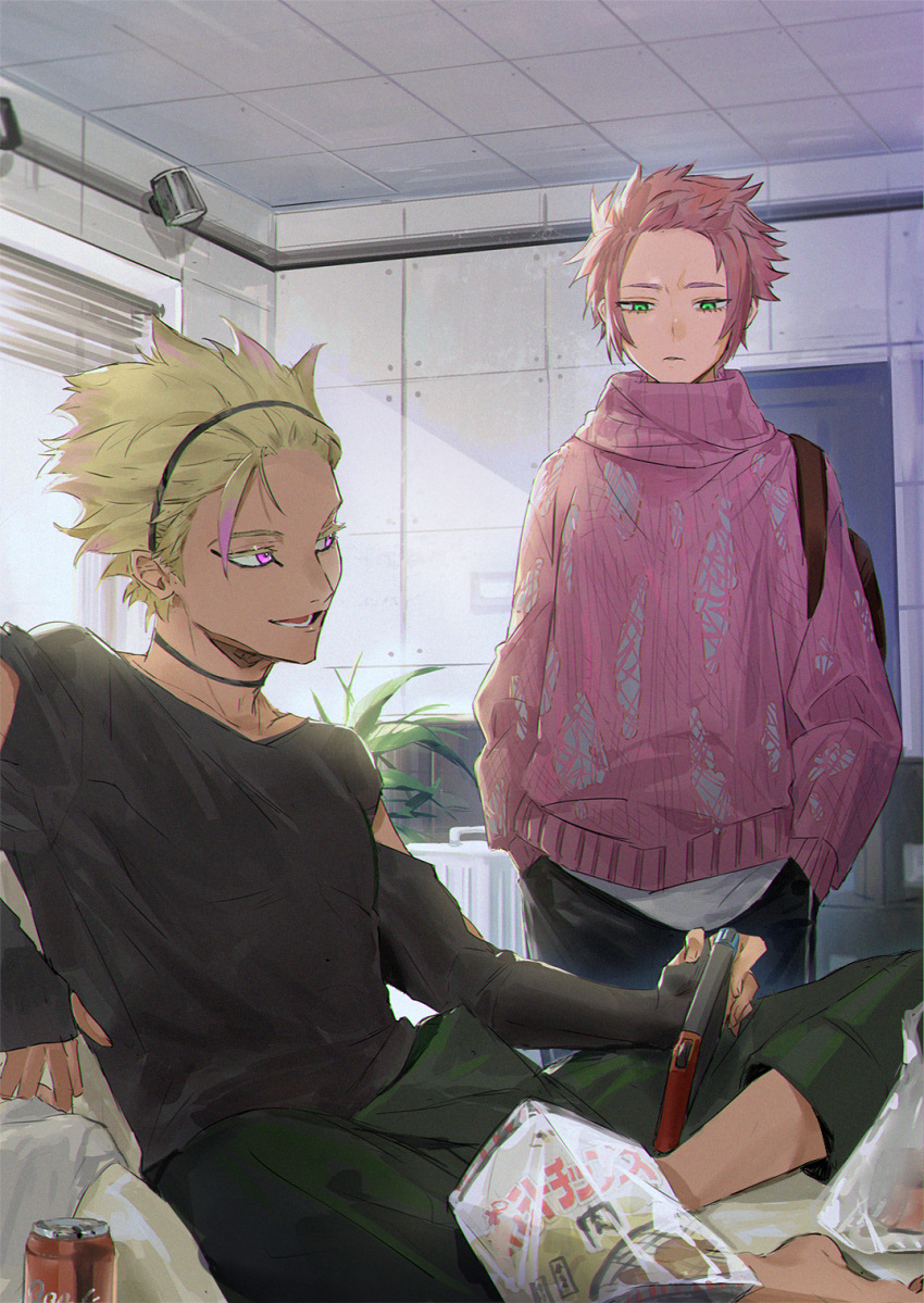 2boys, aqua_eyes, black_bag, black_pants, black_shirt, blonde_hair, blue_lock, can, character_request, green_eyes, hands_in_pocket, highres, indoors, itoshi_sae, long_sleeves, male_focus, mm39572, multiple_boys, pants, pink_sweater, plant, red_hair, shirt, short_hair, sitting, sweater, window_blinds