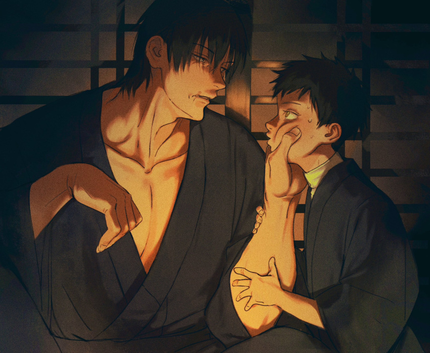 2boys, age_difference, black_hair, black_kimono, character_request, check_character, collarbone, eye_contact, father_and_son, fushiguro_megumi, fushiguro_touji, hand_on_another's_wrist, highres, indoors, japanese_clothes, jujutsu_kaisen, kimono, looking_at_another, male_focus, multiple_boys, naspibon_ox, pectoral_cleavage, pectorals, short_hair, shouji, size_difference, sliding_doors, sweat, upper_body