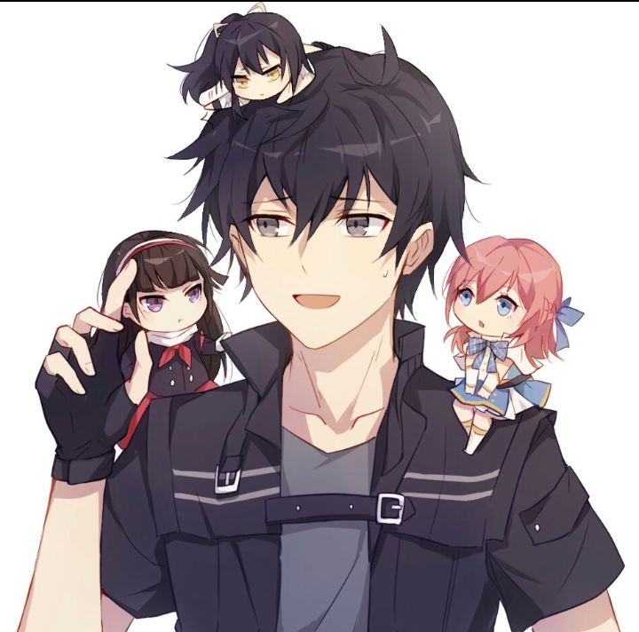 1boy, 3girls, aikawa_shuuko, asagiri_ririko, black_eyes, black_hair, blue_eyes, blue_ribbon
