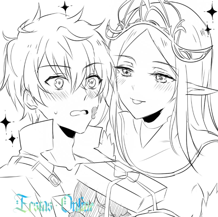 1boy, 1girl, box, chocolate, doumeguri_kakeru, ecstas_online, elf, greyscale
