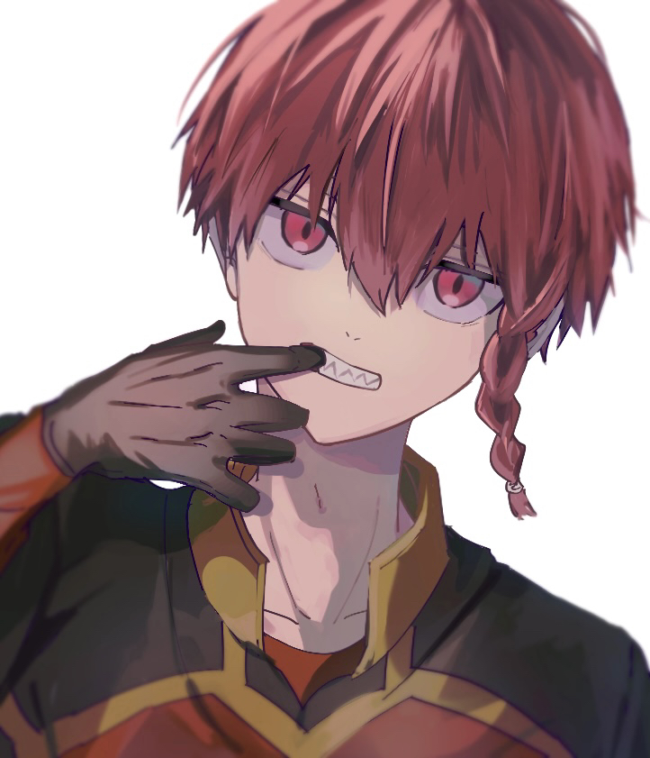 1boy, black_gloves, blue_lock, braid, character_request, collared_shirt, gloves, grey_background, long_sleeves, looking_at_viewer, male_focus, mma_runn, pink_eyes, pink_hair, portrait, shirt, short_hair, simple_background, single_braid, smile, soccer_uniform, solo, sportswear, teeth
