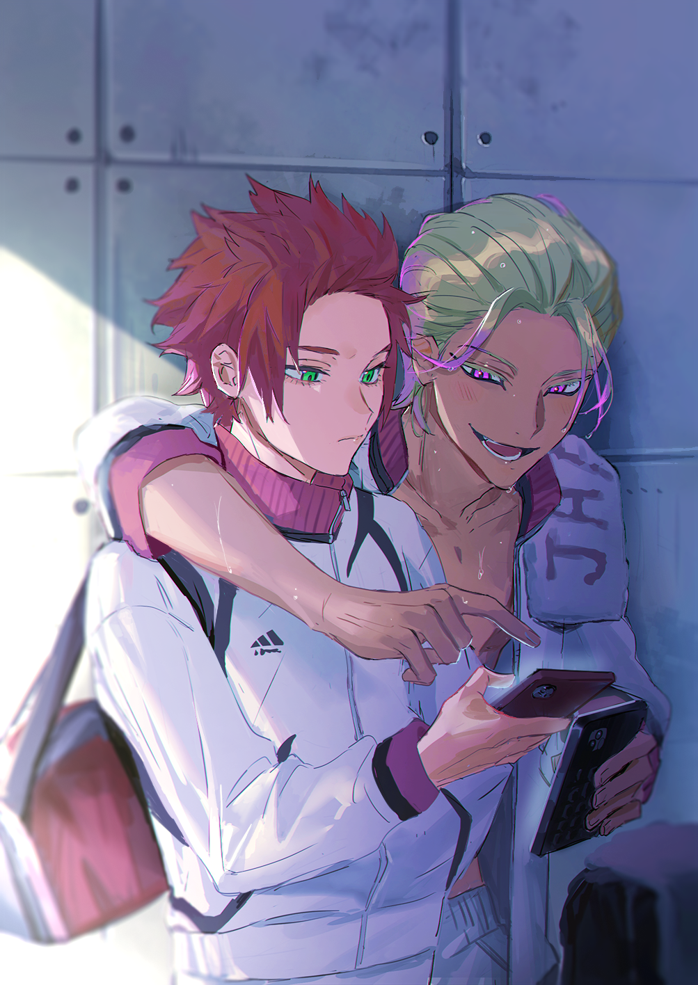 2boys, adidas, aqua_eyes, bag, blonde_hair, blue_lock, collarbone, green_eyes, highres, holding, holding_phone, itoshi_sae, jacket, long_sleeves, looking_at_phone, male_focus, mm39572, multiple_boys, open_mouth, phone, pink_eyes, red_hair, shidou_ryuusei, short_hair, smile, sweat, tan, teeth, upper_body, white_jacket