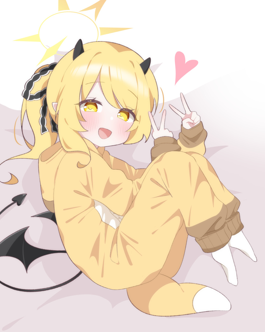 1girl, :d, absurdres, asymmetrical_hair, black_horns, black_ribbon, black_tail, black_wings, blonde_hair, blue_archive, blush, child, commentary, cosplay, demon_girl, demon_horns, demon_tail, demon_wings, double_v, full_body, hair_ribbon, halo, heart, highres, hood, hood_down, horns, ibuki_(blue_archive), kigurumi, lattes2, looking_at_viewer, open_mouth, ponytail, ribbon, smile, socks, solo, tail, v, white_socks, wings, yellow_eyes, yellow_halo