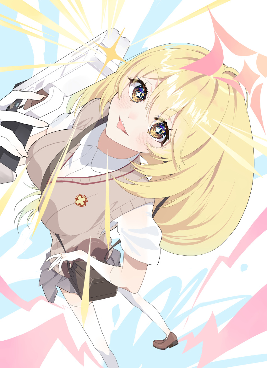 1girl, absurdres, bag, between_breasts, blonde_hair, blue_archive, blush, breasts