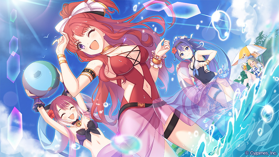 4girls, akino_(princess_connect!), akino_(summer)_(princess_connect!), alcohol, animal_ears, ball, beachball, beer, beer_mug, bikini, breasts, cat_ears, cat_tail, closed_eyes, closed_mouth, cup, drink, hagoromo, hair_ornament, hair_ribbon, holding, holding_cup, holding_drink, innertube, long_hair, medium_breasts, mug, multiple_girls, navel, ocean, official_alternate_costume, official_art, one-piece_swimsuit, one_eye_closed, open_mouth, outdoors, parasol, princess_connect!, red_hair, red_one-piece_swimsuit, ribbon, shawl, shizuru_(princess_connect!), shizuru_(summer)_(princess_connect!), smile, splashing, sunlight, swim_ring, swimsuit, tail, tamaki_(princess_connect!), tamaki_(summer)_(princess_connect!), umbrella, yukari_(princess_connect!), yukari_(summer)_(princess_connect!)