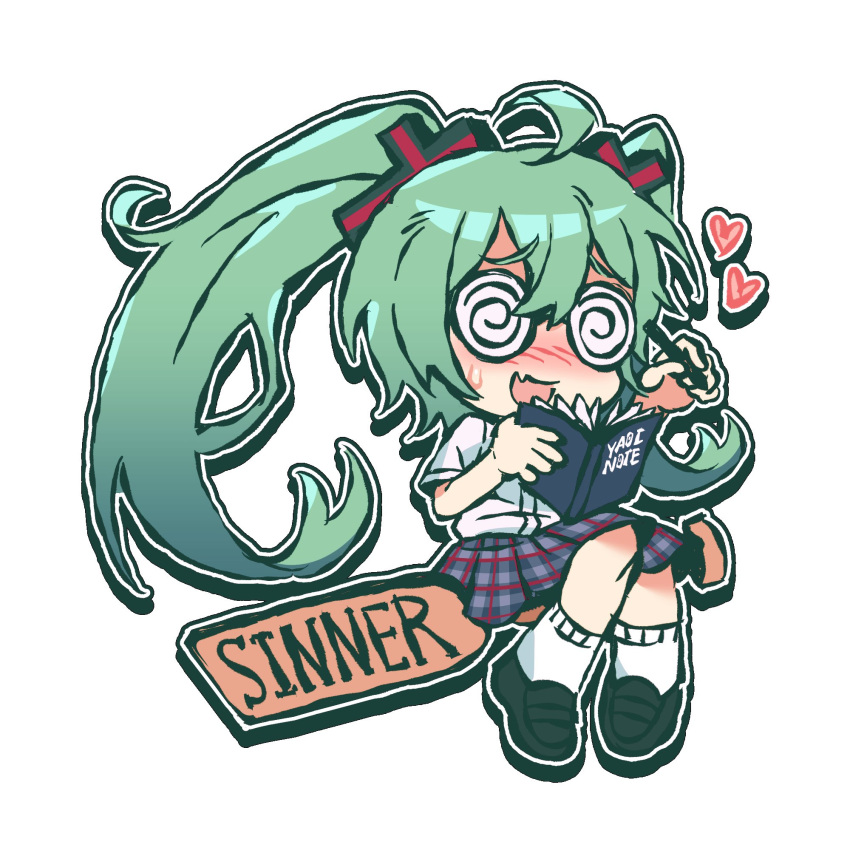 1girl, black_footwear, blue_hair, blush, chibi, coke-bottle_glasses, commentary, confessions_of_a_rotten_girl_(vocaloid)