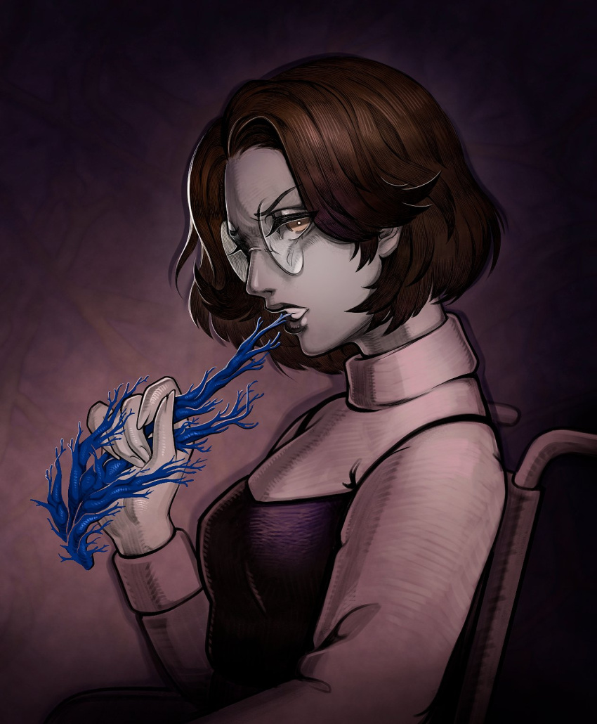 1girl, brown_eyes, brown_hair, commentary, eating, fear_&amp;_hunger_(series), fear_&amp;_hunger_2:_termina, from_side, glasses, highres, holding, holding_plant, long_sleeves, looking_at_viewer, olivia_(fear_&amp;_hunger), pink_sweater, plant, plant_roots, round_eyewear, short_hair, sideways_glance, sitting, solo, sweater, tatjasng12, teeth, upper_body, wheelchair